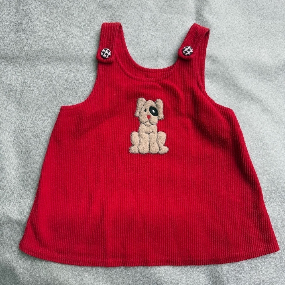 Vintage Girls Great Escape Sleeveless Red Corduroy Dog Patch Dress 5 USA Made